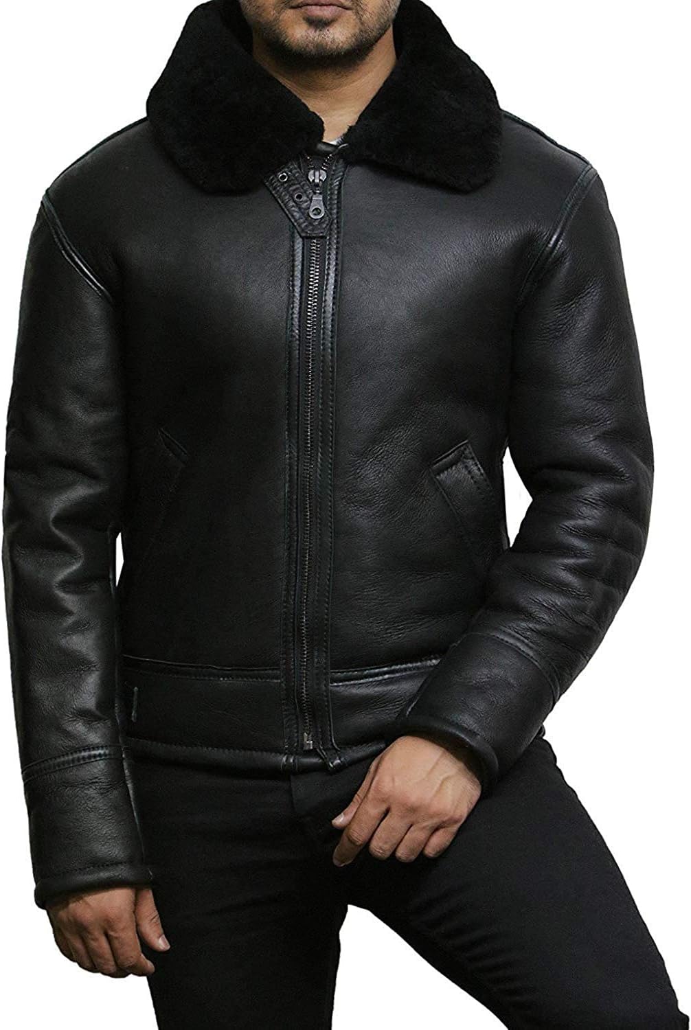 BRANDSLOCK Mens Real Shearling Sheepskin Leather Flying Aviator Bomber Jacket - Image 3