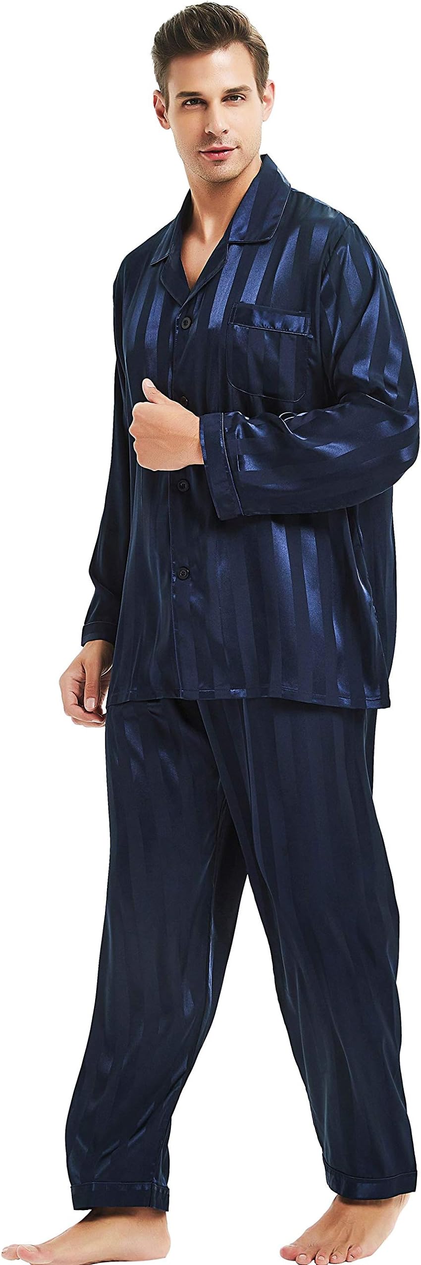 Lonxu Pajamas Set Mens Silk Satin Pajamas Long Sleeve Loungewear Two-Piece Sleepwear Button-Down Pj Set S-XXXXL