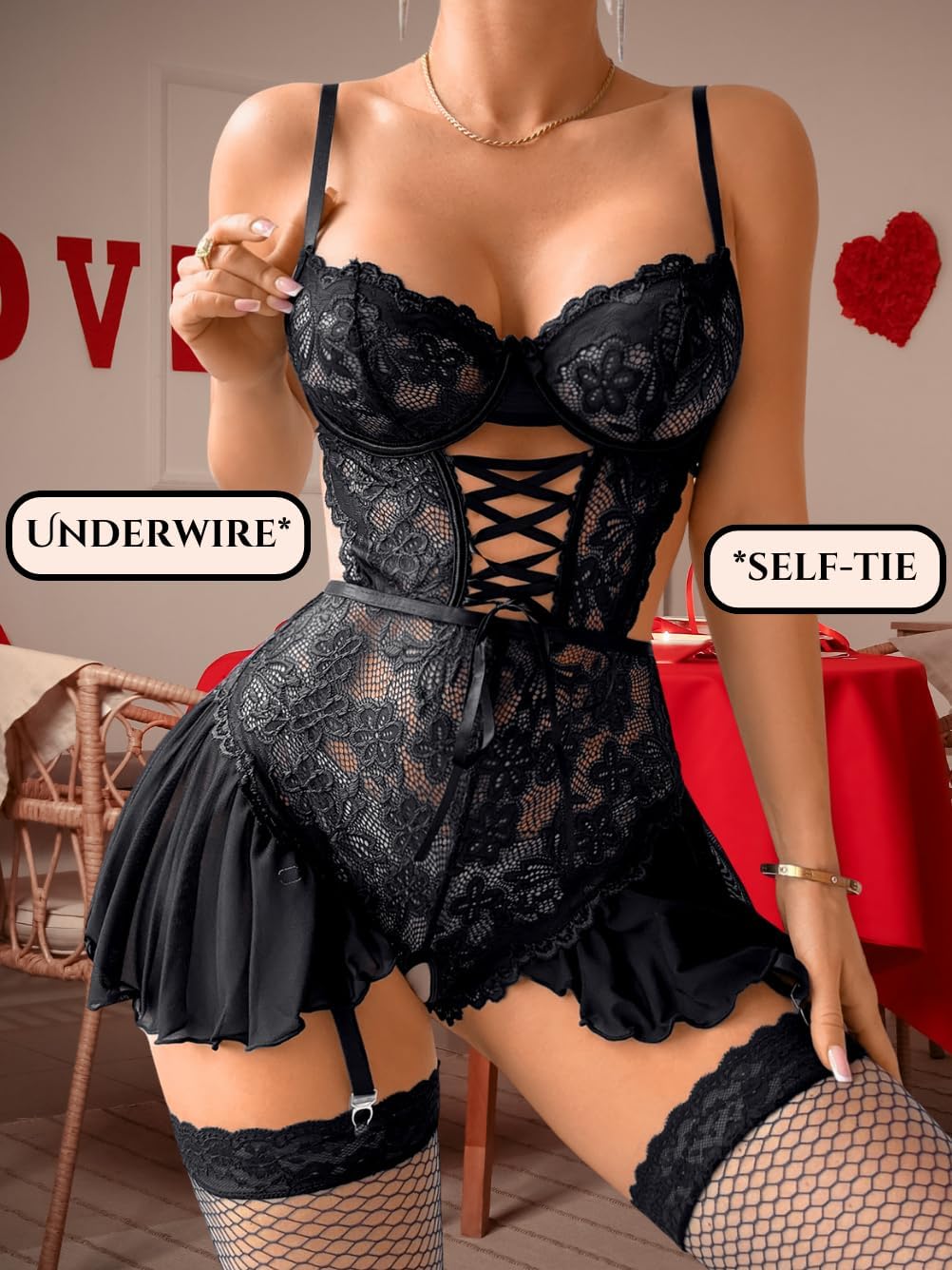 ShawGobow Corset Lingerie With Garter,Ruffle Lace Sexy Lingeries For Women,Valentines Wedding Night Boudoir Outfits