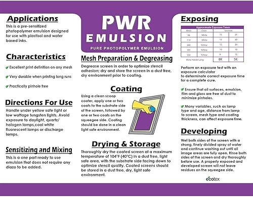 Miniatura 9 de Emulsión de serigrafía Ecotex PWR (cuarto de galón - 32oz.) Emulsión fotográfica pre-sensibilizada para pantallas de seda y tela - para serigrafía