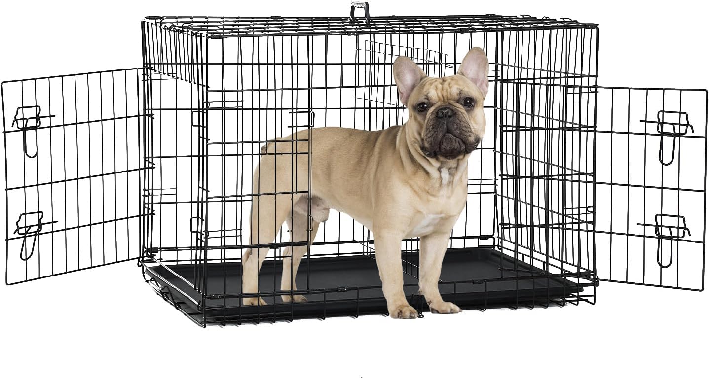 36,42,48 Inch Large Dog Crate Dog Kennel Pet Crate Folding Metal Pet Cage Double Door Leak-Proof Plastic Removable Tray and Handle Wire Large Animals Cage Pet Kennel for Indoor,Outdoor(Black,48")