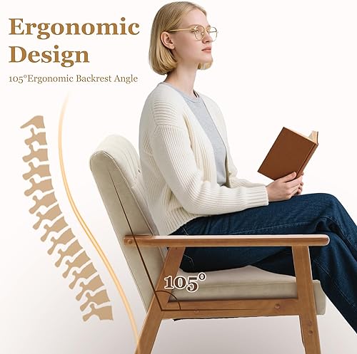 Miniatura 3 de Juego de 2 sillas decorativas de piel sintética, sillón moderno de mediados de siglo con reposabrazos de madera maciza, cómodas sillas de lectura