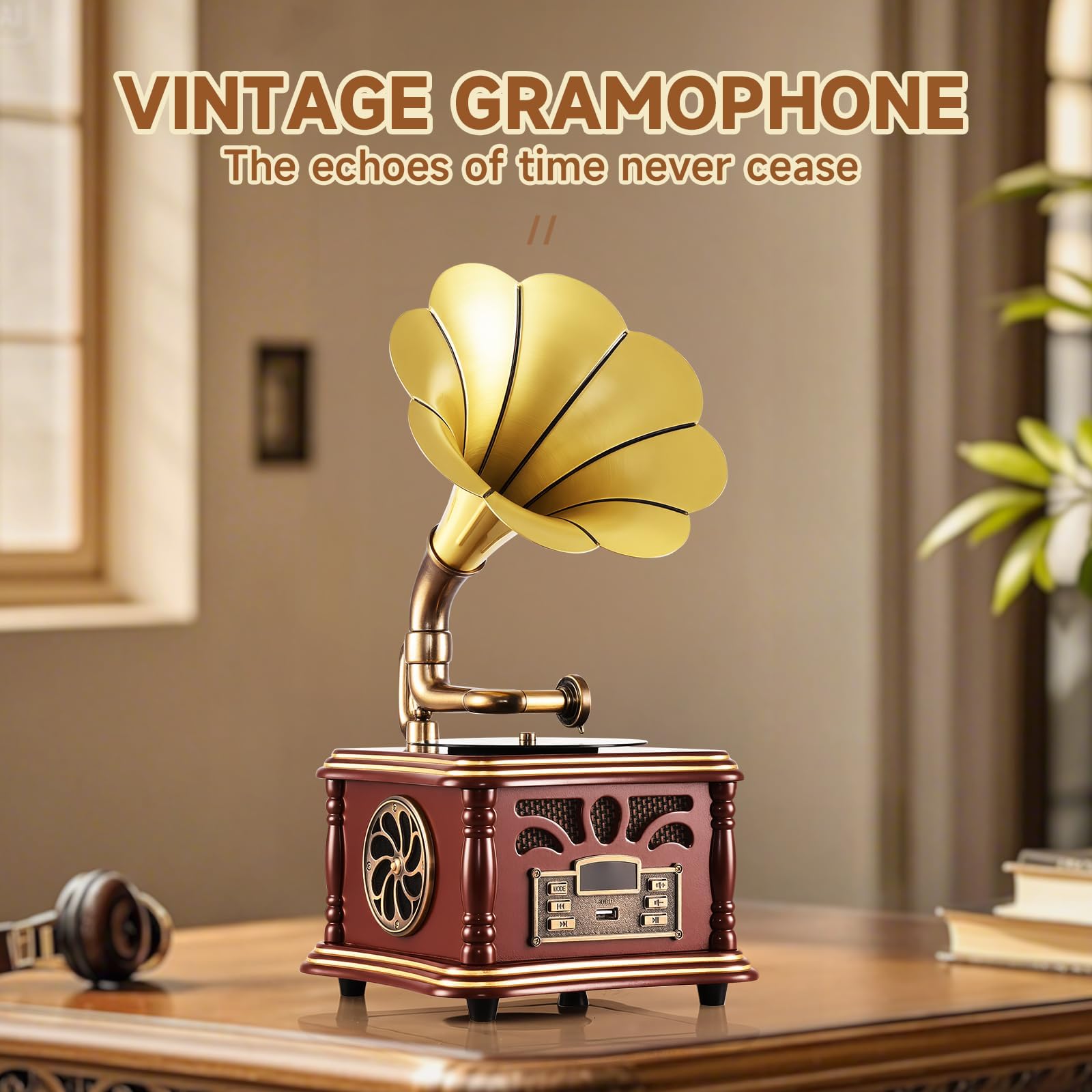Haut-Parleur Bluetooth Rétro, Ornements de Maison en Cuivre Et Bois Massif, Radio FM, en Forme de Gramophone, pour Les Amateurs de Musique