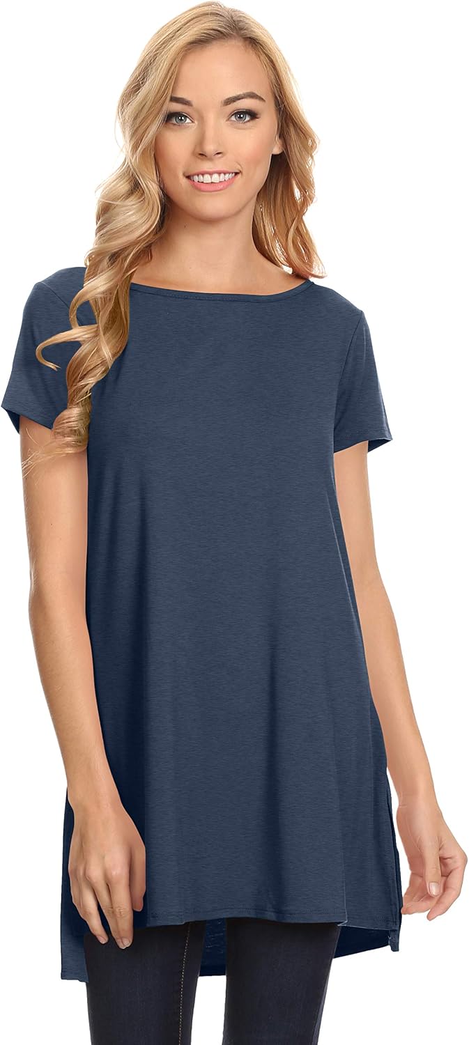 Womens Solid Side-Slit Short Sleeve and Sleeveless Round Neck Tunic Top