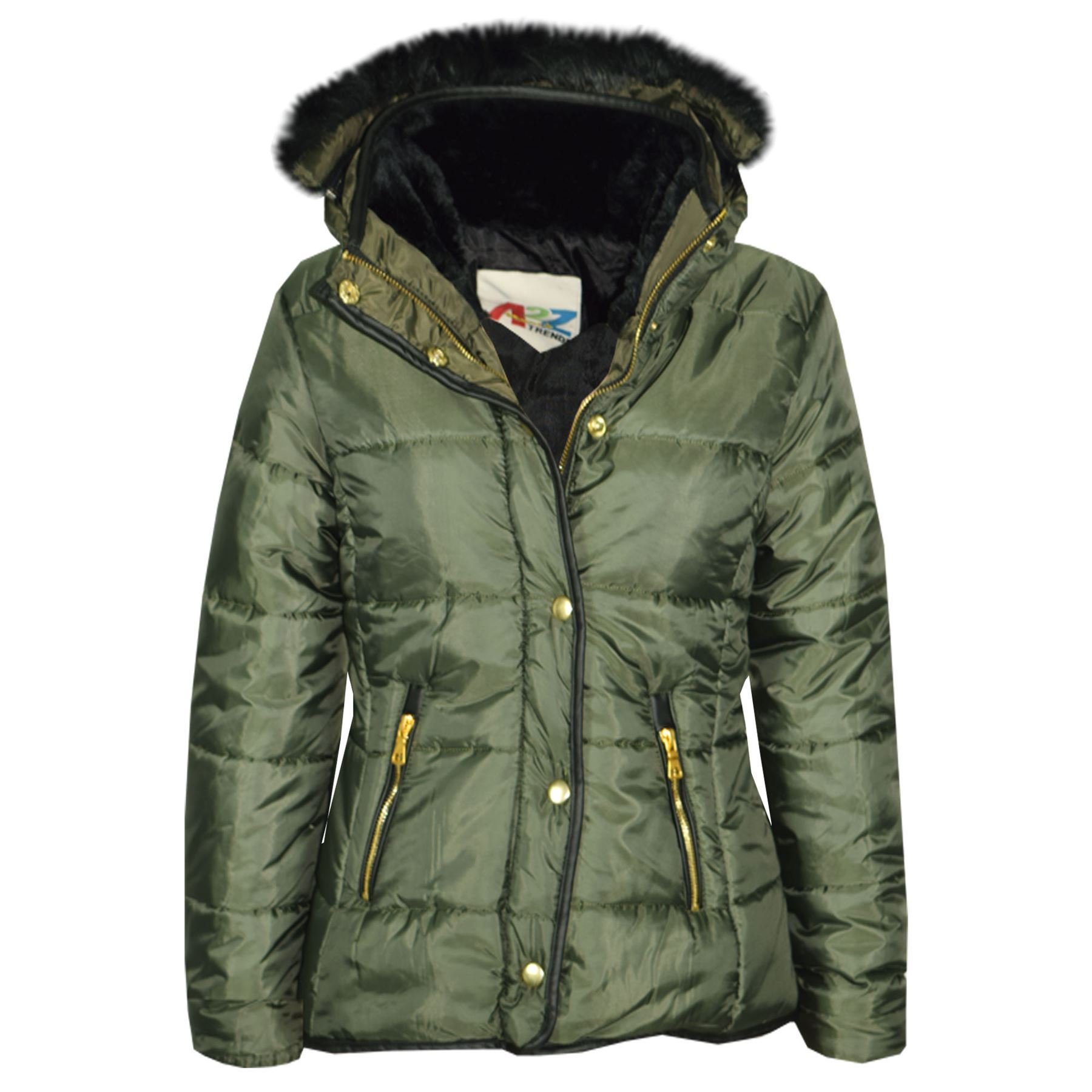 A2z 4 Kids Girls Olive Girsl Padded Puffer Quilted Coat Faux Fur Collar Detachable Hood - Jacket Puffer 411 3-4.