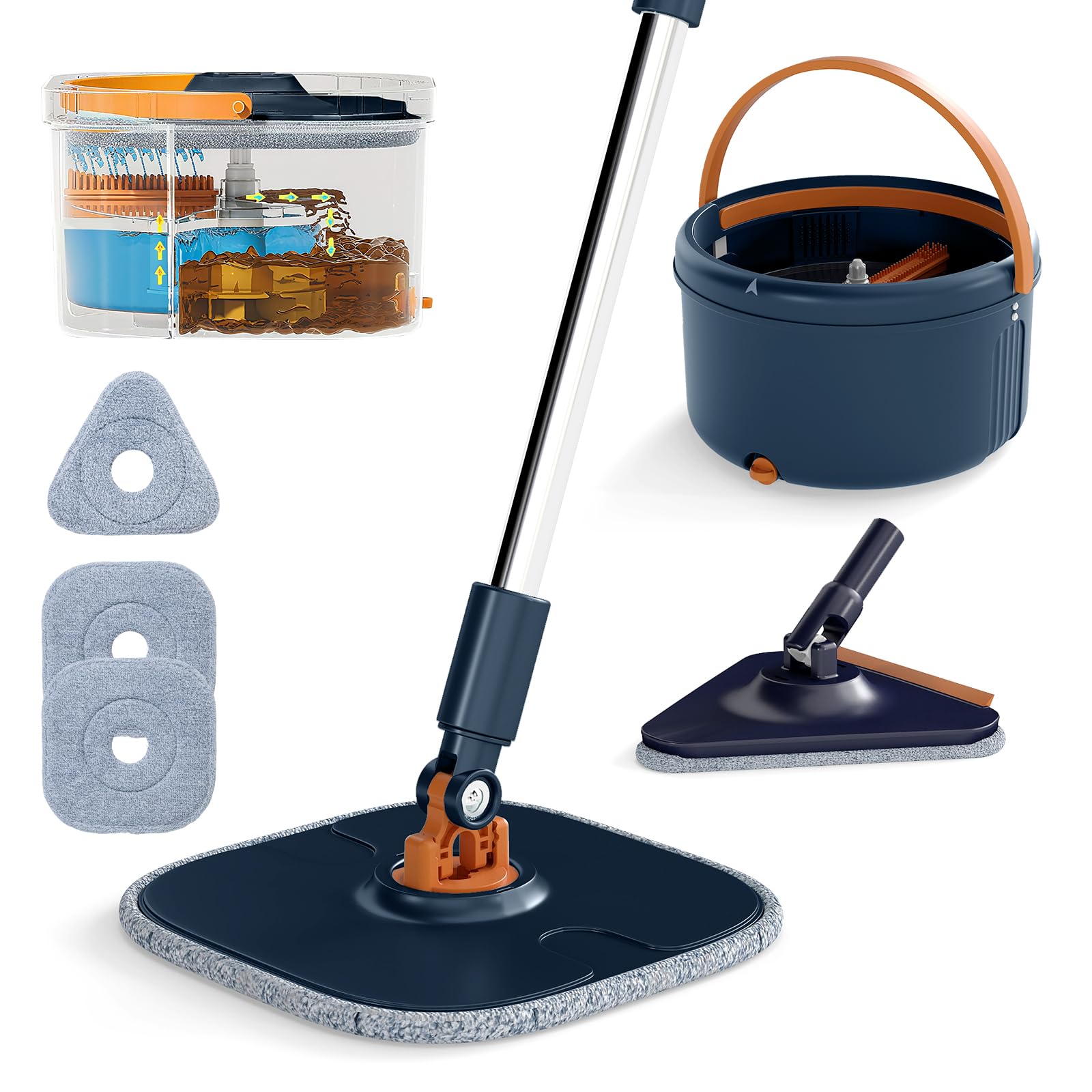 COSTWAY Set de Mopa y Cubo con Escurridor, Fregona y Cubo para Suelo con Cabezales de Mopa, Sistema de Limpieza de Suelos para Uso en Húmedo y en Seco, Cabezal Cuadrado Giratorio de 360°, Azul Marino