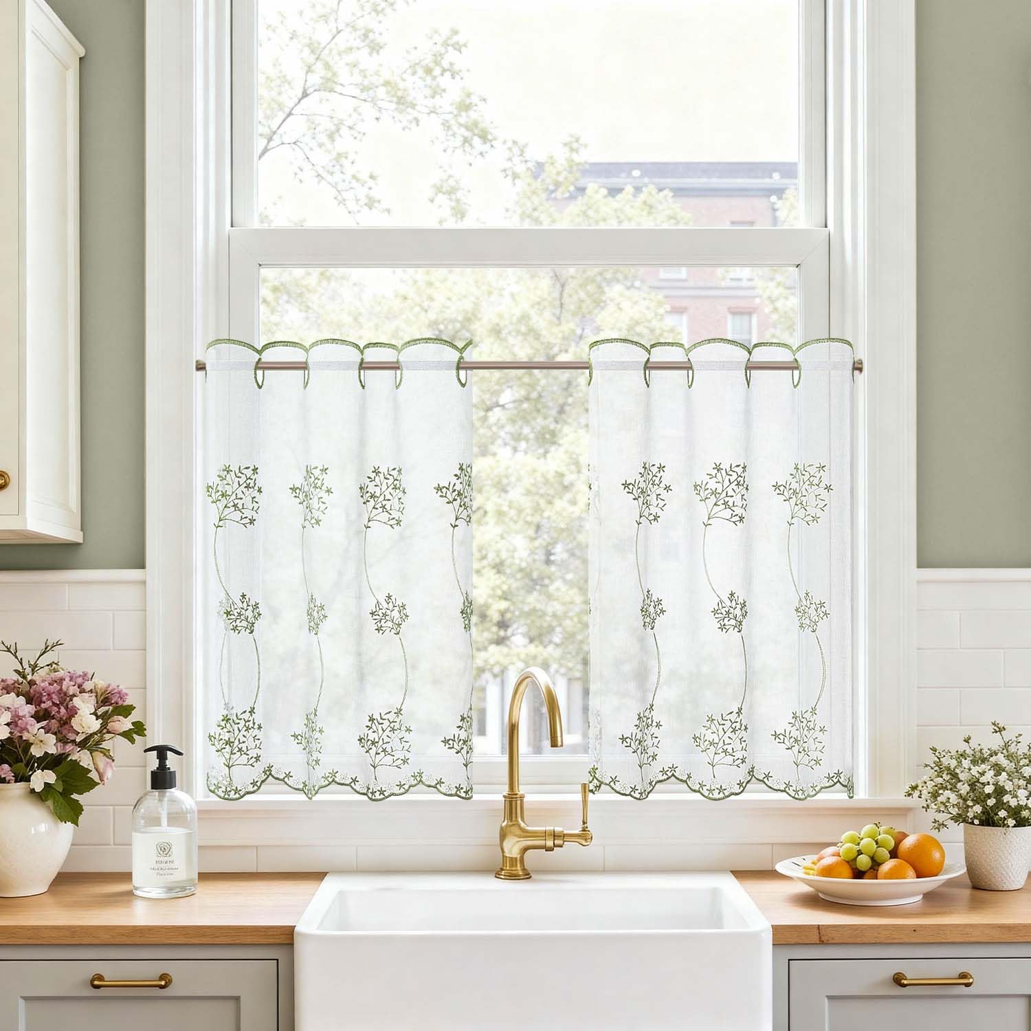 TOPICK Botanical Embroidery Kitchen Curtains with Green Floral 24 Inch Drop, Light Filtering Privacy Cafe Curtains, Eyelet Short Curtain 2 Panels for Cupboard Base, Sink, Basement, Bistro, W26 x L24
