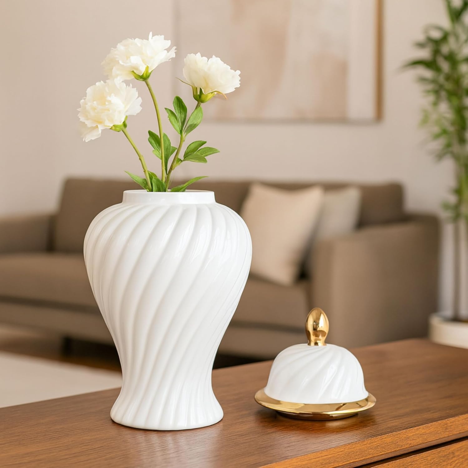 Elegant Ceramic Temple Jar with Lid for Home Decor - Sculptural Flower Vase for Living Room, Bedroom, or House Display - Table Decor for Dining Room or Kitchen Counter - 20", White & Gold