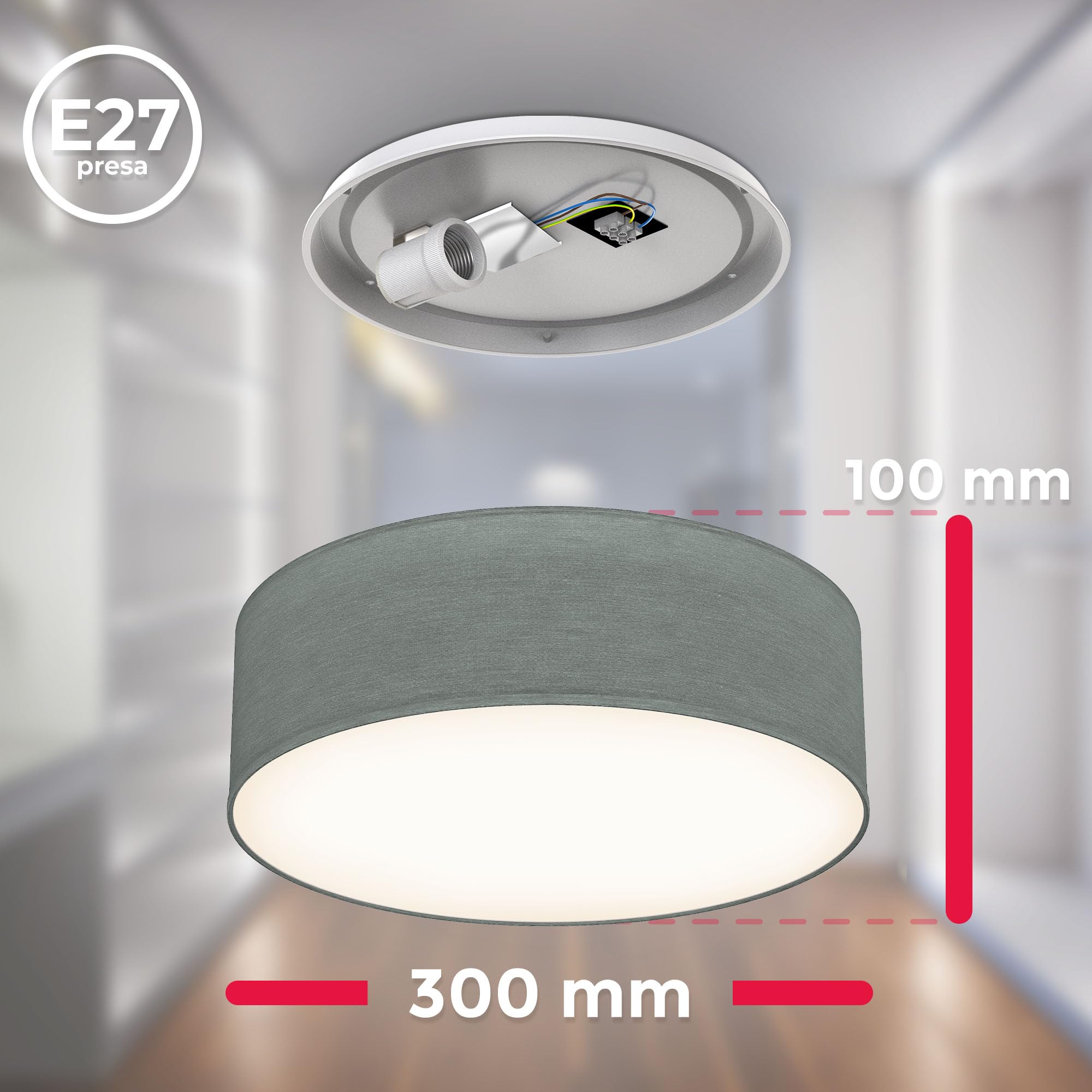 B.K.Licht - Plafoneria con paralume in tessuto, attacco E27, max. 40 watt, lampada soffitto, plafoneria soffitto, plafoniere da soffitto, plafoniera camera da letto, plafoniere, 30x10 cm, grigio