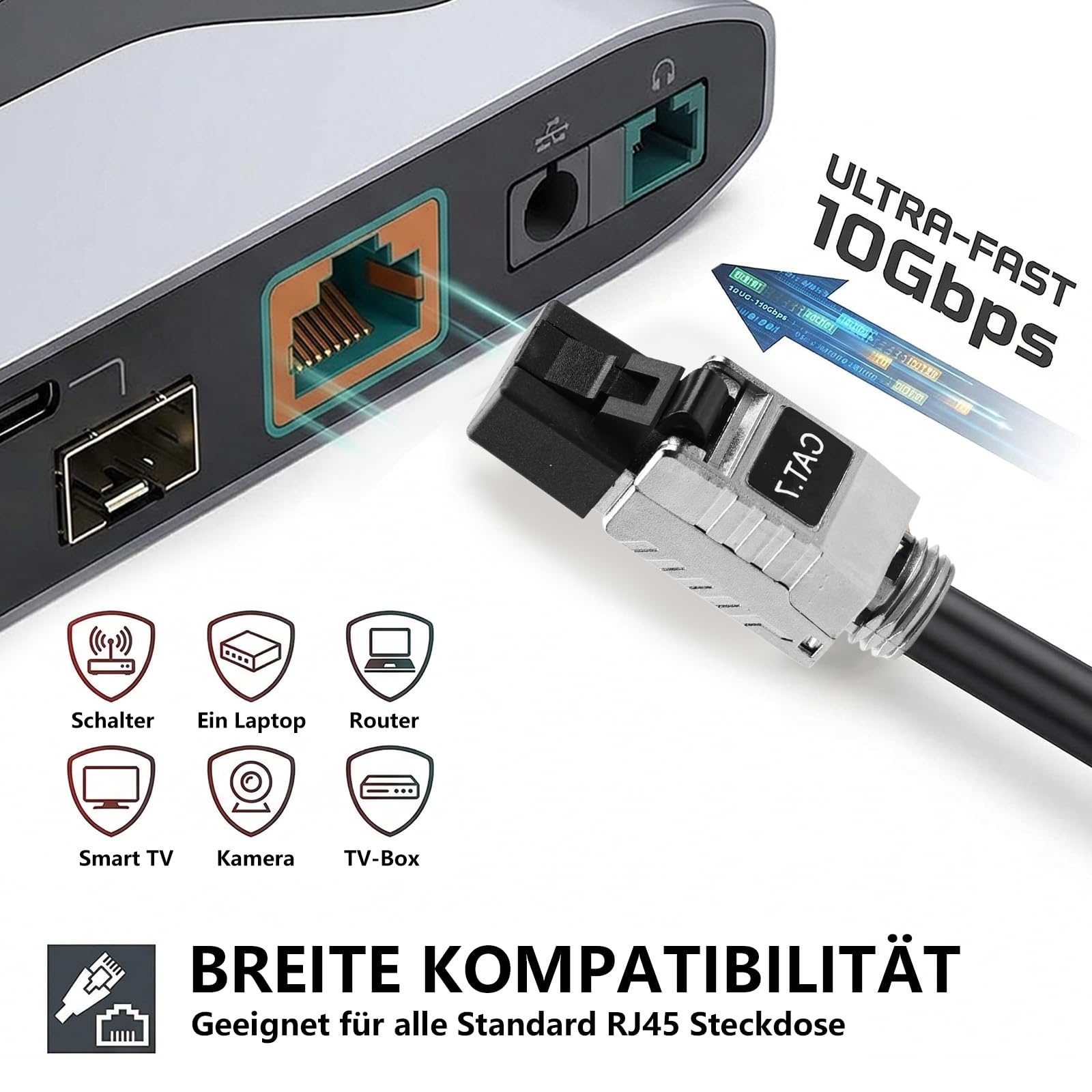 HOSPAOP Cat 7 RJ45 Stecker 10 Gbps Werkzeuglos – Netzwerkstecker Cat7 STP Vollgeschirmt, RJ45 Stecker für Verlegekabel AWG 22–24, LAN Stecker Vergoldet, Kompatibel mit Cat 6A 6, 8 Stück