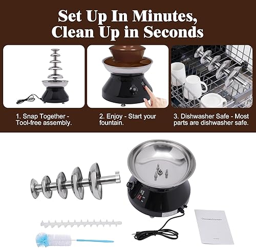 Miniatura 6 de Fuente de chocolate comercial de 5 niveles, 230 W, 7 libras, gran capacidad, acero inoxidable, torre de fondue de chocolate caliente, máquina para