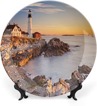 6 Inch Decorative Plate, United States Porcelain Plate, Cape Elizabeth Maine River Portland Lighthouse Print Ornament Display Plate for Dining Table Setting, Wedding Reception, Christmas Tablescape