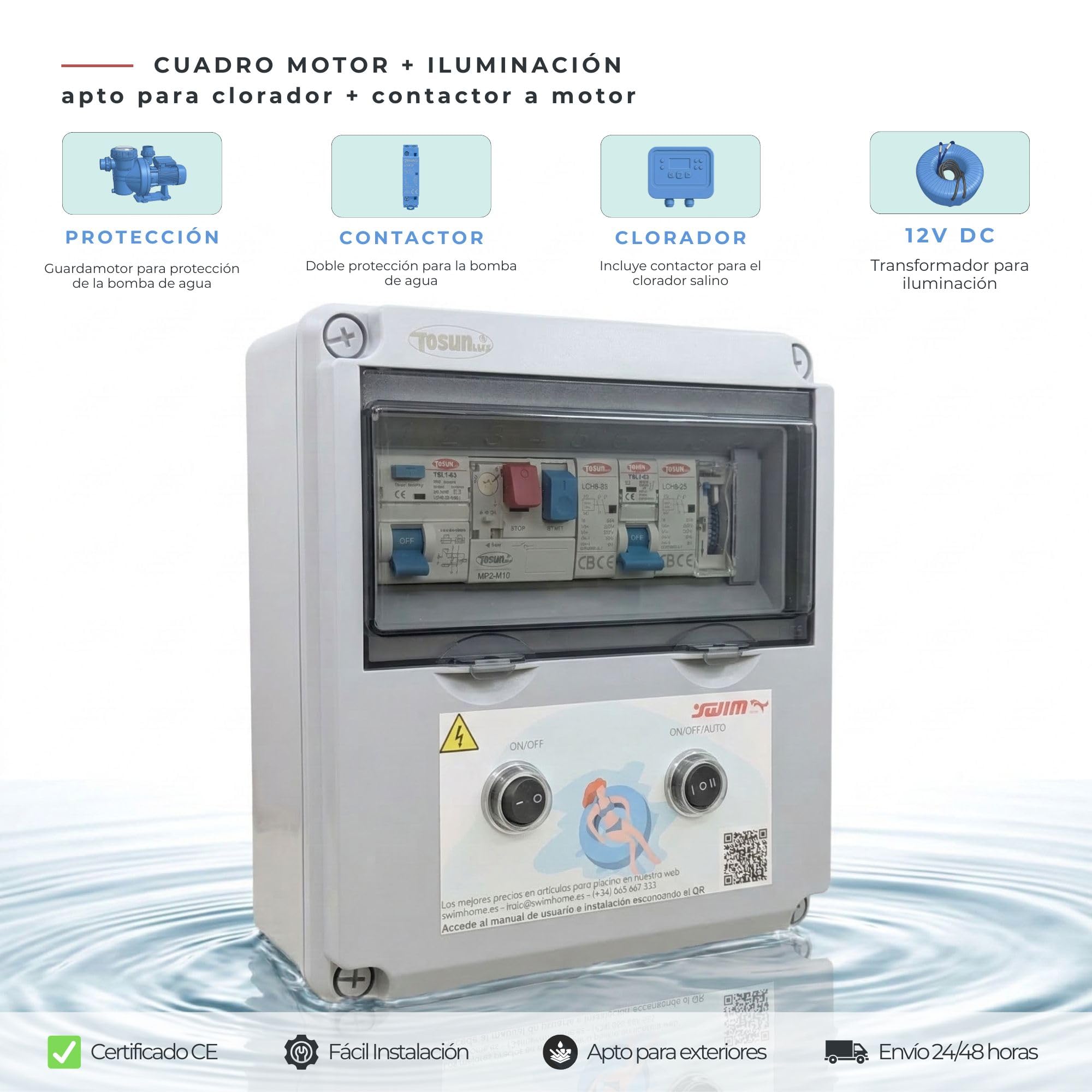 SWIMHOME Cuadro Eléctrico Piscina WiFi 60W 12V DC Contactor Clorador y Guardamotor 2CV 6-10A ABS Gris