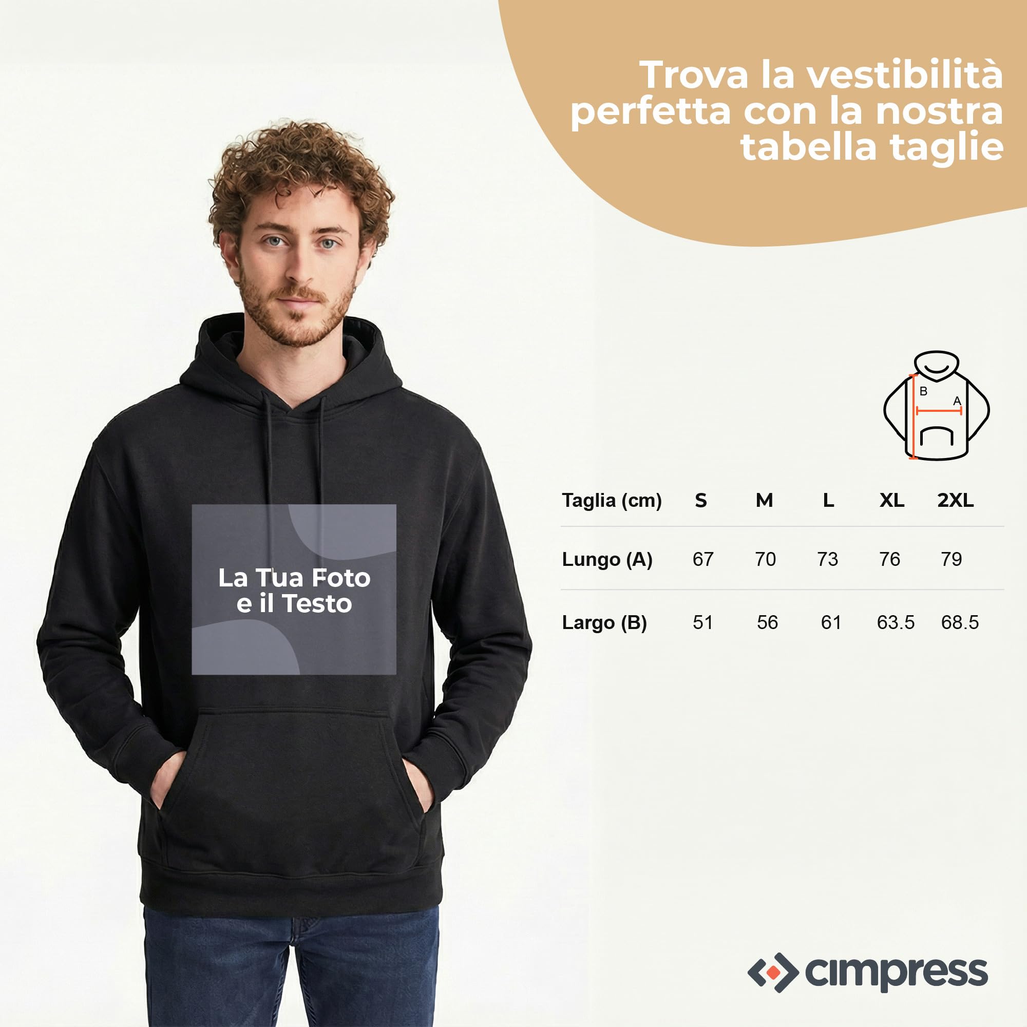 Cimpress Felpa Personalizzata con Cappuccio da Uomo, Taglie S–2XL, Stampa Fronte con Logo, Testo o Immagine, Ideale per Eventi, Promozione, Regali e Uso Invernale