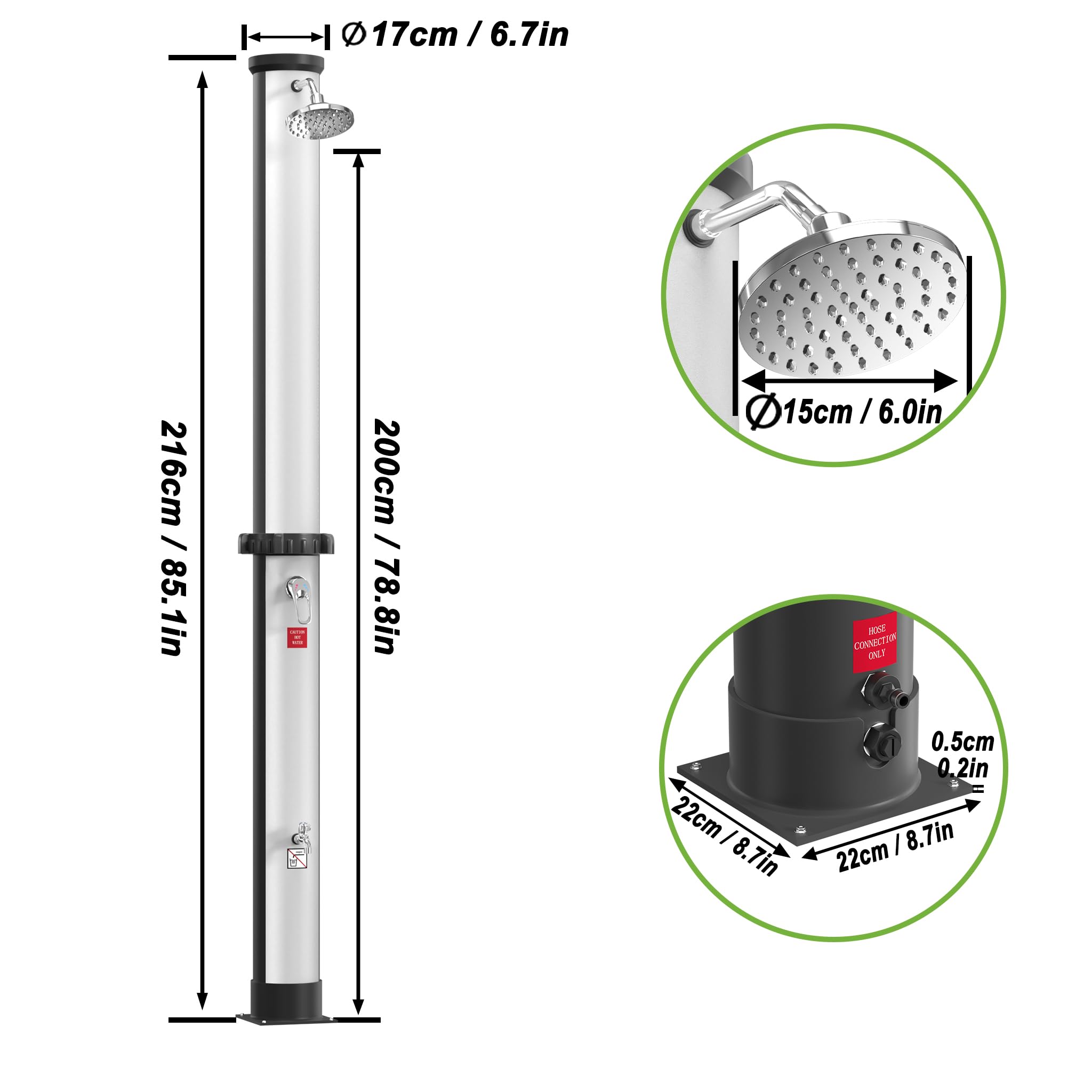 SUBTLETY Prysznic solarny 35 l, system prysznicowy z obrotową głowicą prysznicową i prysznicem nożnym, prysznic zewnętrzny, kolumna prysznicowa, temperatura wody do 60°C, do ogrodu, na kemping, baseny (srebrny + czarny)