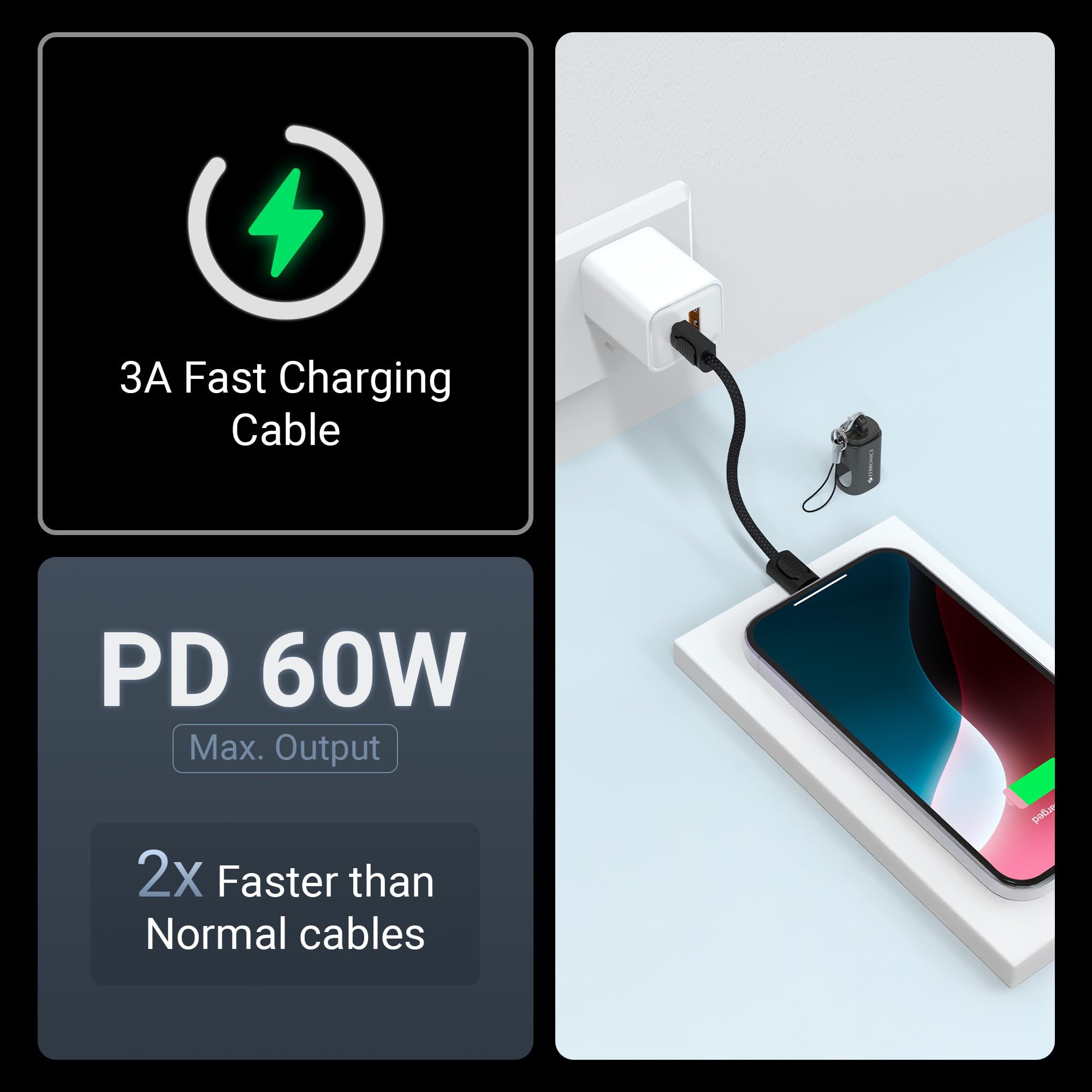 Zebronics Wattz 60CC4 Type-C to Type-C Braided Cable, PD 60W, Upto 480Mbps Data Sync, 20 cm, Durable, Charge & Sync, Rapid Charging, Compact with Keychain Case, For Laptops, Tablets, Mobiles (Black) image 3