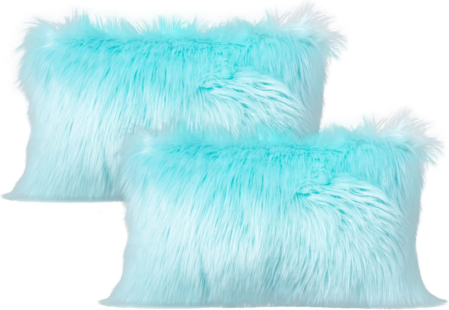 LIGICKY Set of 2 Decorative Teal Fluffy Lumbar Soft Turquoise Faux Fur Throw Pillow Cover Luxury Series Rectangle Fuzzy Plush Pillow Case Cushion Cover for Couch Sofa Bed (12" x 20",Aqua Blue)