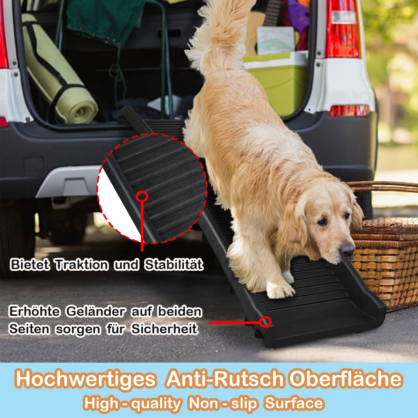 Rampa Per Cani Pieghevole Per Auto - Supporta Fino A 90 Kg, Antiscivolo, Nero - Foto 6