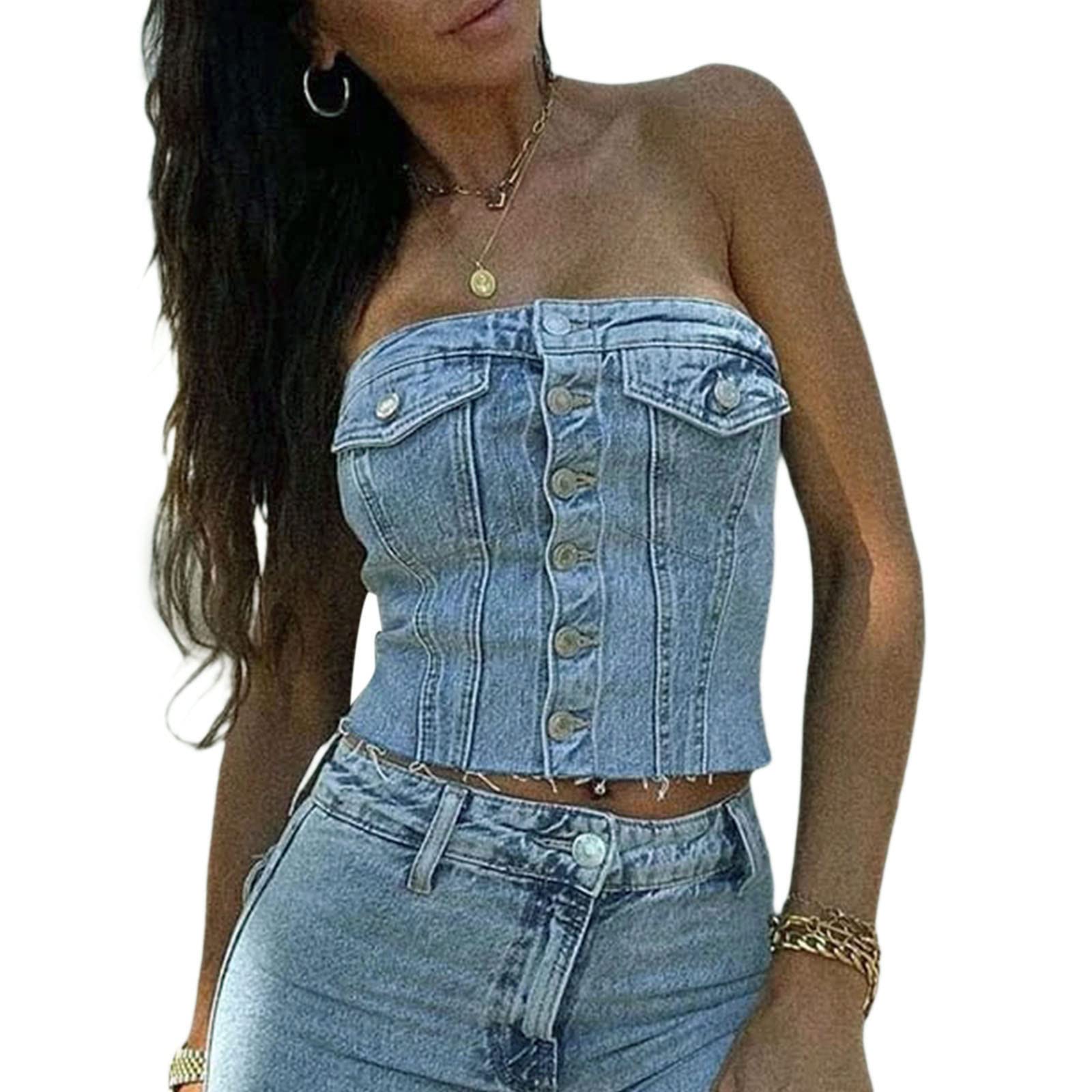 Women Denim Push Up Bustier Tube Top Strapless Button Up Corset Off Shoulder Crop Top Streetwear-image-14