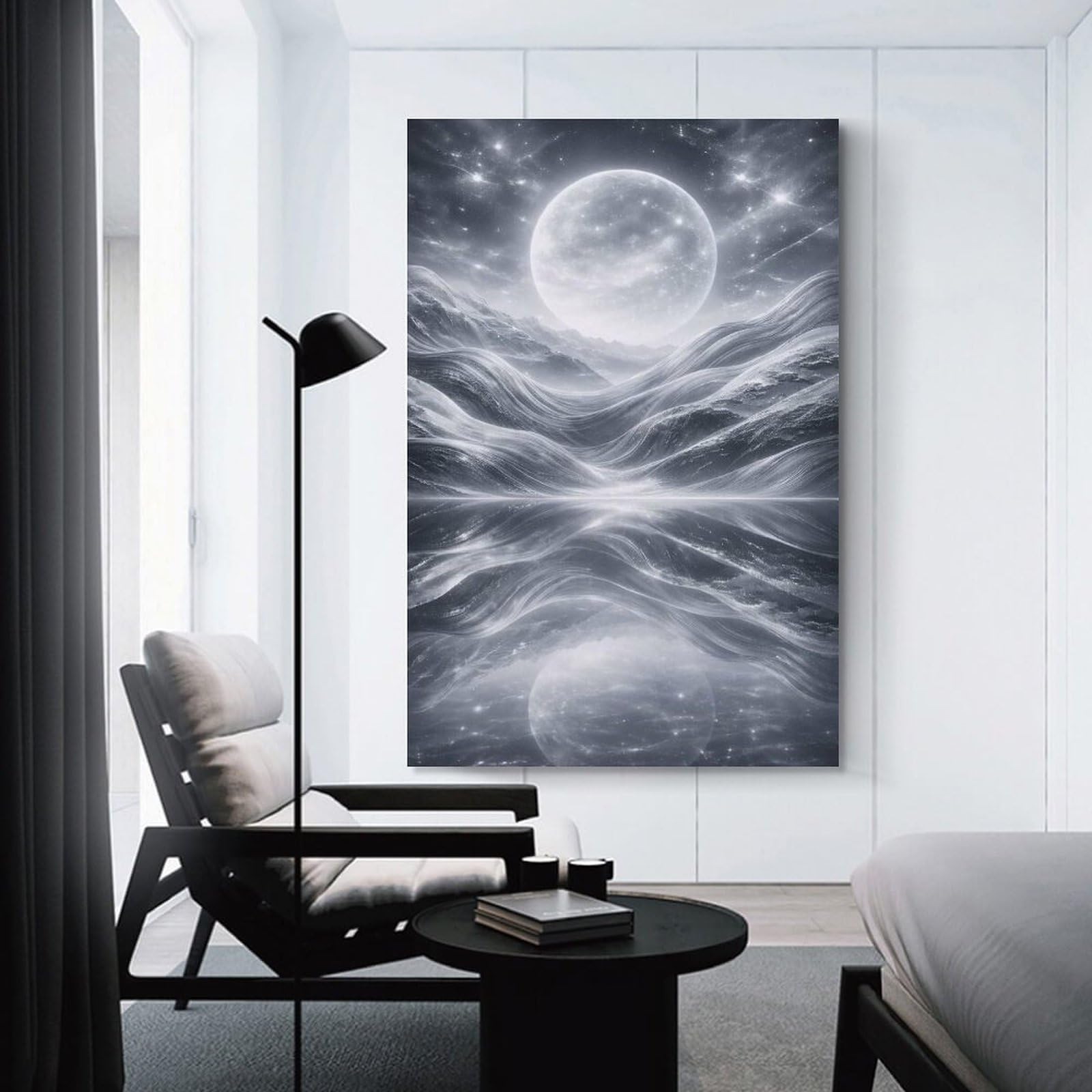 Junmoney Room Decor Wall Art Surreal Moonlit Landscape Reflection, 20x30inch(50x75cm), for Workspace Walls, Study Corners Or Bedrooms, A Smart Decor Choice for Study Walls