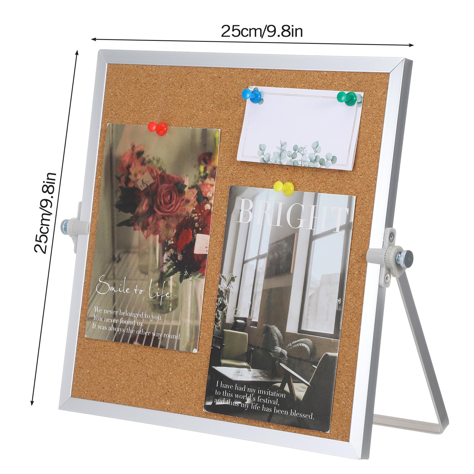 Korktafel, 2 Stück, 24,9 x 24,8 cm, doppelseitige Pinnwand, kleine Korktafeln mit Ständer für den Schreibtisch, geeignet mit 10 Pinnnadeln für Zuhause, Büro, Schreibtische, Nachrichts- oder