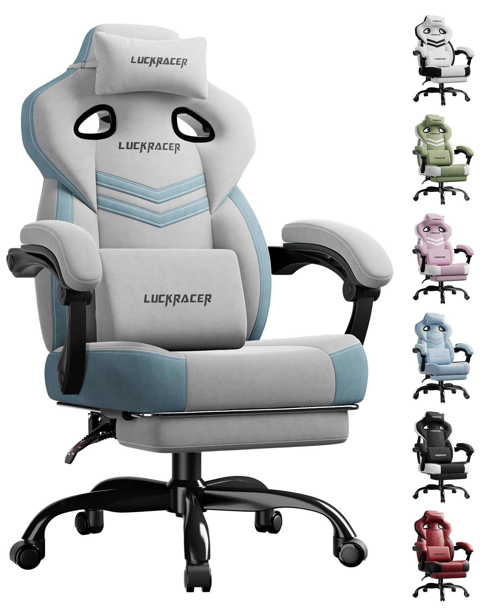 LUCKRACER Fabric Gaming Chair with Footrest, Ergonomic Computer Desk Chair with Pocket Spring Cushion Home Office High Back Support Lumbar Support Heavy Duty Wide, Grey