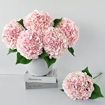 ZYTUYO 5 Pcs Pink/White Silk Hydrangeas Aritificial Flower Boho 20 Faux Hydrangeas for Spring Indoor Home Decor Kitchen Living Room Baby Shower Outdoor Wedding Table Centerpiece