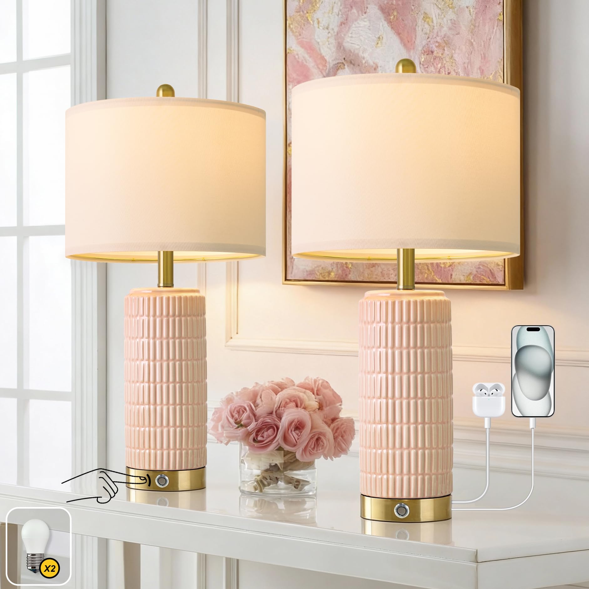 Photo 1 of PoKat 25'' Table Lamps Set of 2 for Bedroom with 3-Way Dimmable Touch Control, Bedside Lamps with USB A+C Ports for Living Room, Modern Ceramic Pink Lamps for Kids Girls Decor (2 Bulbs Included)