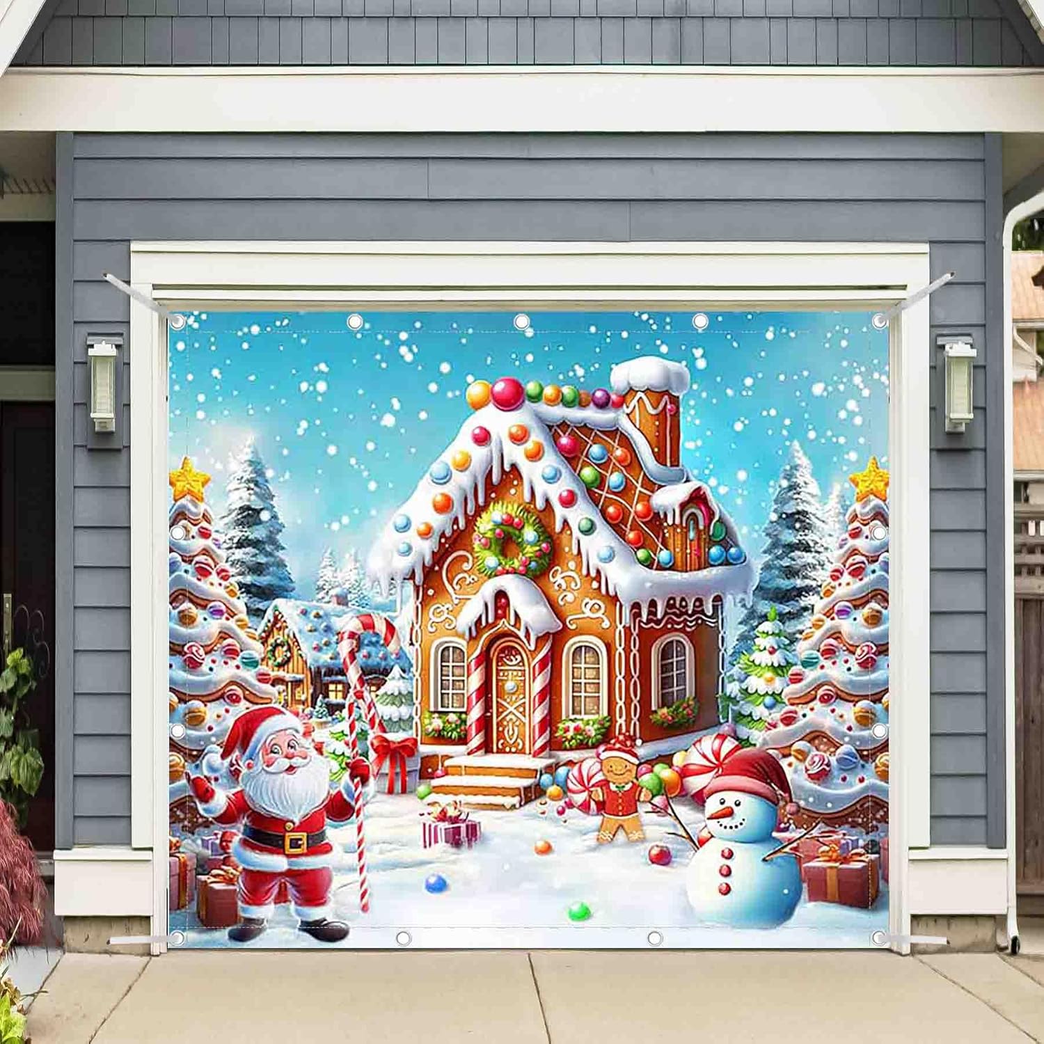ZTHMOE 1PC 16x7ft Christmas Garage Door Banner Decorations Winter Cartoon Village Santa Candy Cane House Xmas Photography Backdrop Home Xmas Wall Cover Outdoor Party Supplies