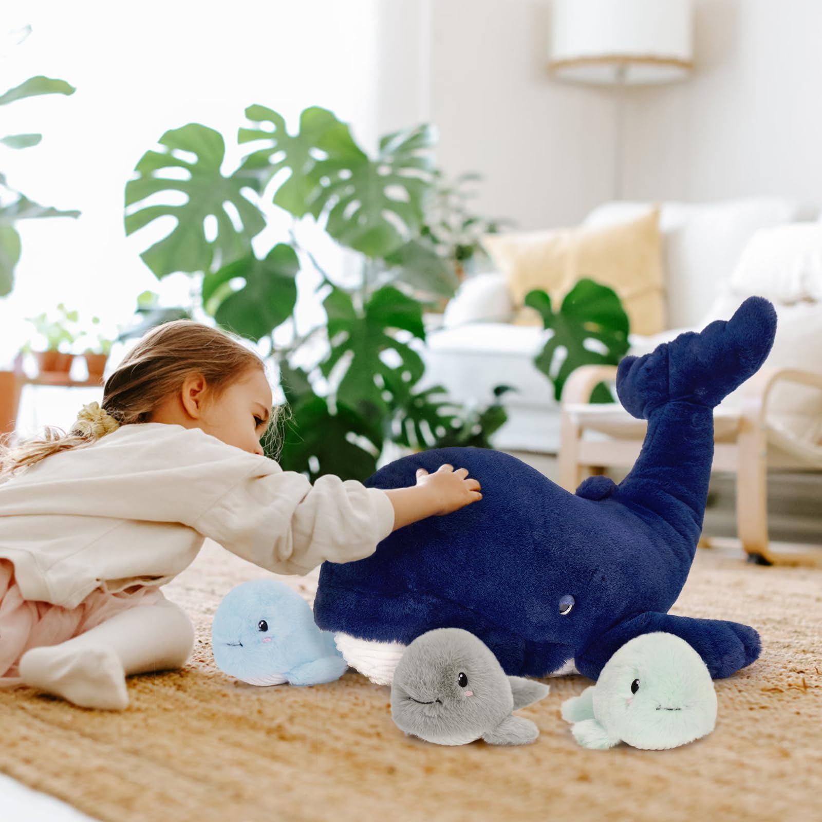 MorisMos Balena Peluche 50cm, Blu scuro Balena Mamma con 3 Cuccioli, Grande Realistico Morbido Dolce Giocattolo di Peluche Regalo per Bambini Compleanno Natale Deco