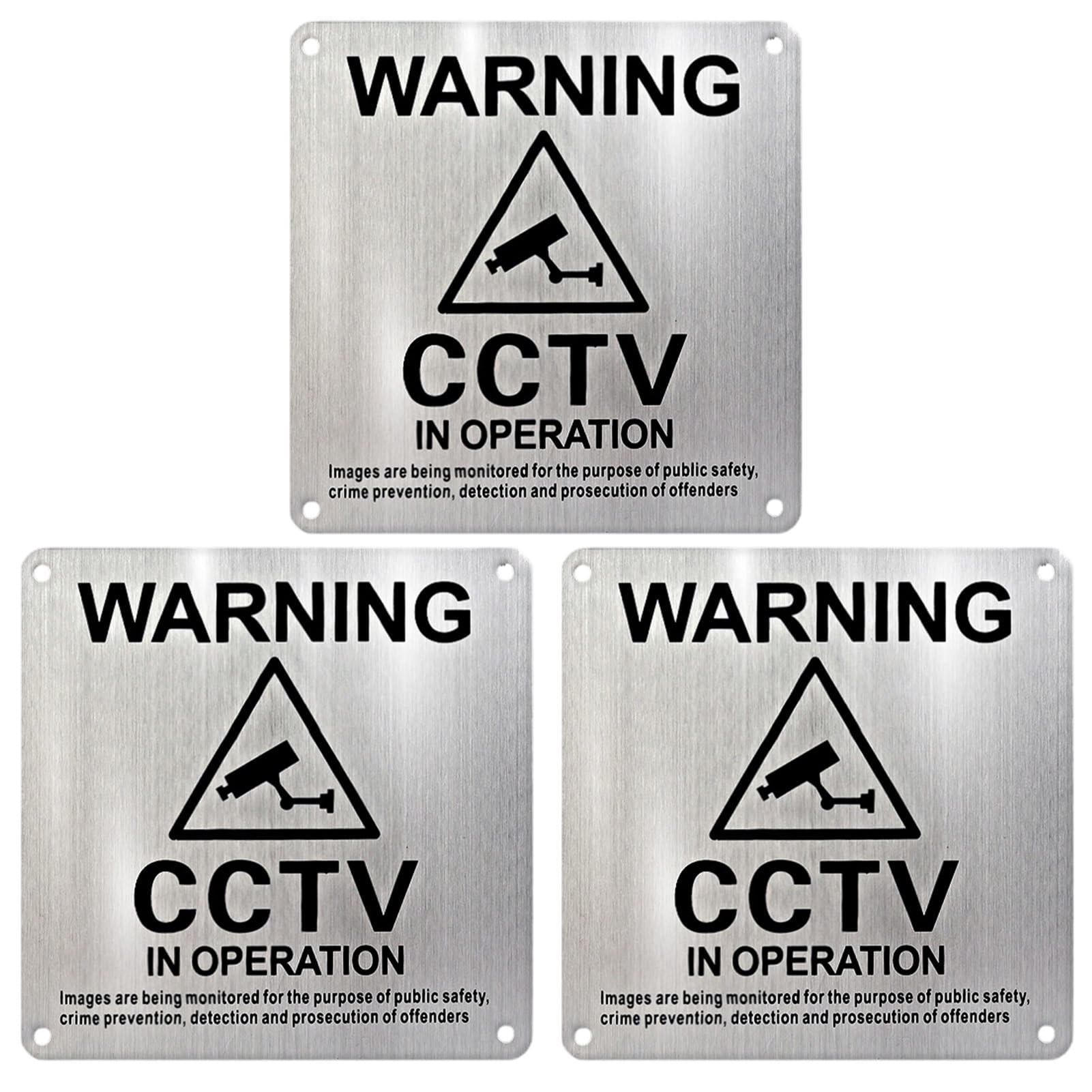 CCTV Sign 10x10cm Brushed Aluminium, Self Adhesive Camera Metal Signs, Outdoor Waterproof and UV Resistant, Durable CCTV Signs Pack of 3 for Operation