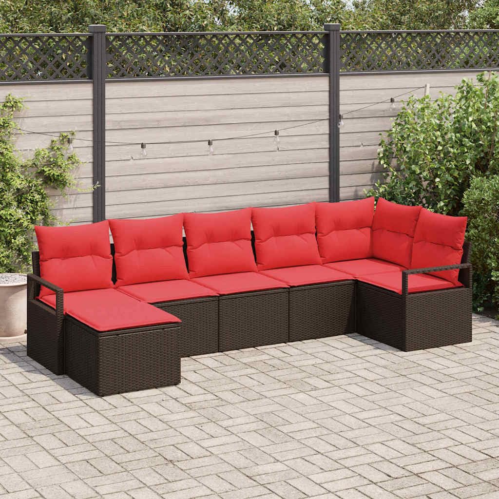 Ensemble de meubles de jardin avec coussins, 7 pièces, marron et rouge, en polyrotin, résistant aux intempéries, canapé modulaire d'extérieur avec espace de rangement, salon de balcon