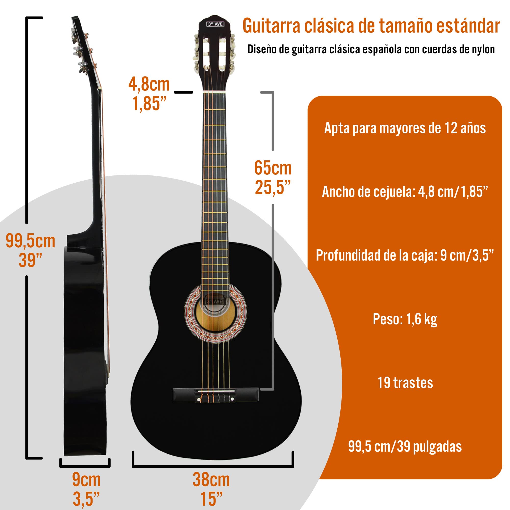 3rd Avenue Paquete Para Principiantes Con Cuerdas De Nailon Español Para Guitarra Clásica 4/4 De Tamaño Completo De – 6 Meses De Lecciones Gratis, Bolsa Y Cuerdas – Negro