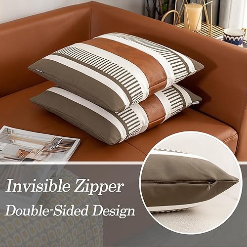 Miniatura 3 de Juego de 2 fundas de almohada decorativas de color marrón de 16 x 16 pulgadas, funda de almohada geométrica de rayas modernas para cama, sofá,