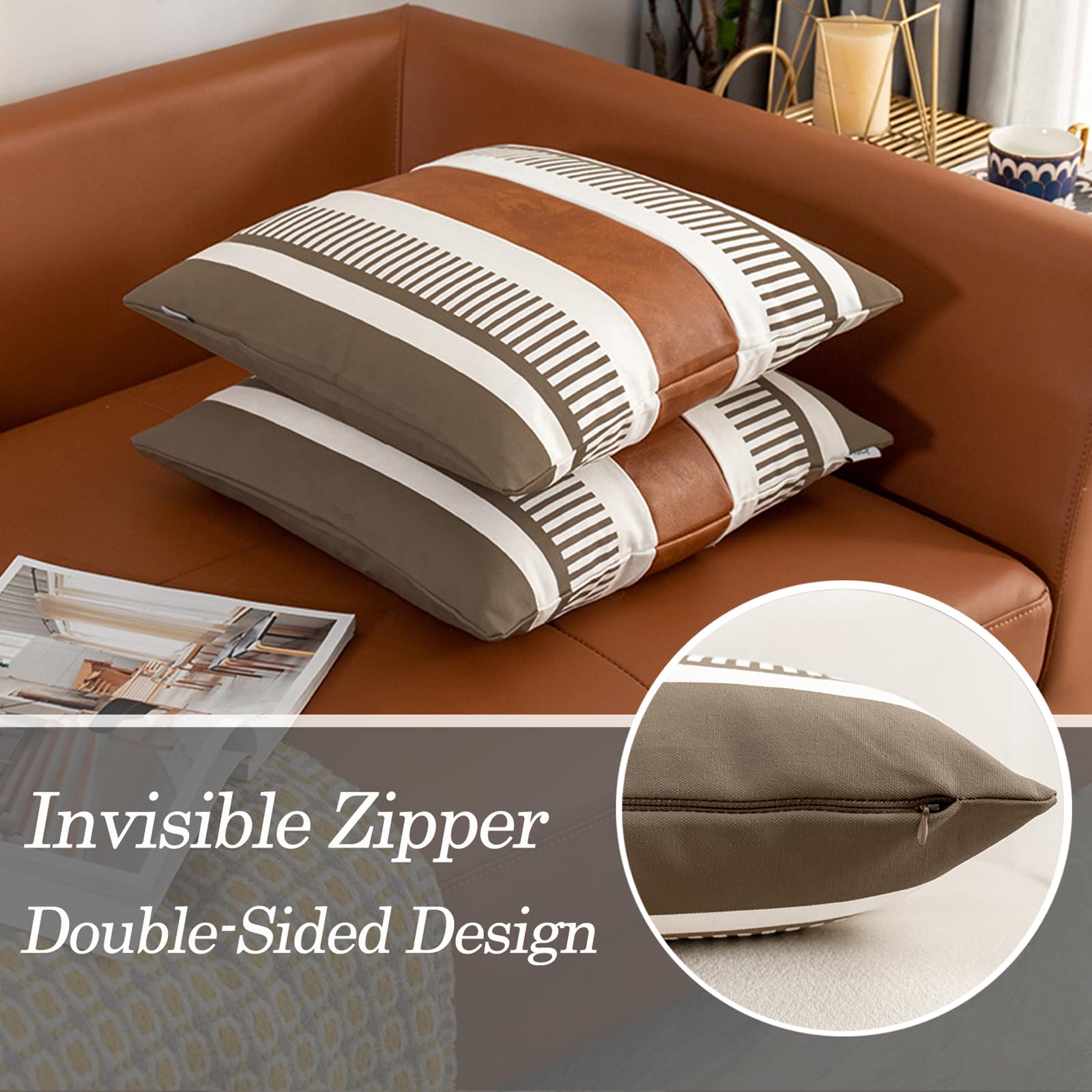 Vfuty Set di 2 federe decorative per cuscini in finta pelle, 45 x 45 cm, stile rustico, a righe, per soggiorno, divano, letto, sedia, quadrata, federa
