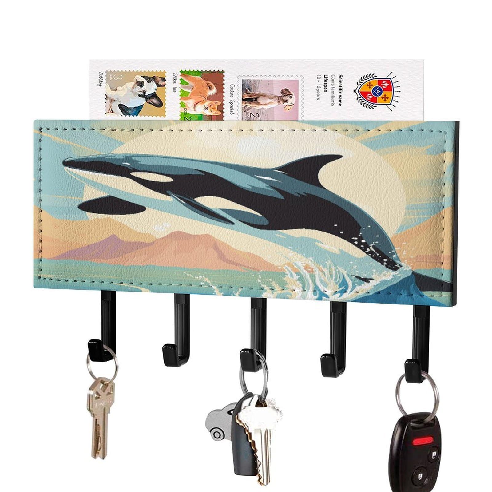 Fekiloot Black-Style Orca In The Sea Key Holder Wall Mount Key Hanger With 5 Hooks Decorative Key Rack Hanging Key Hooks With Mail Organizer Key Holder For Wall Living Room Kitchen Bathroom Hallway Black