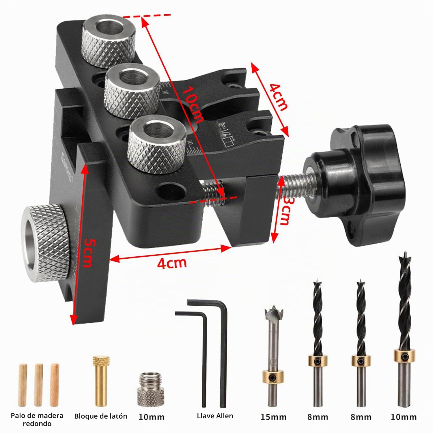 FIVAVA 3 en 1 Plantilla de Perforación 8/10/15mm, Guía Ajustable con Clip de Posicionamiento, Kit para Tacos de Madera y Bisagra Oculta, Herramientas de Carpintería para Muebles