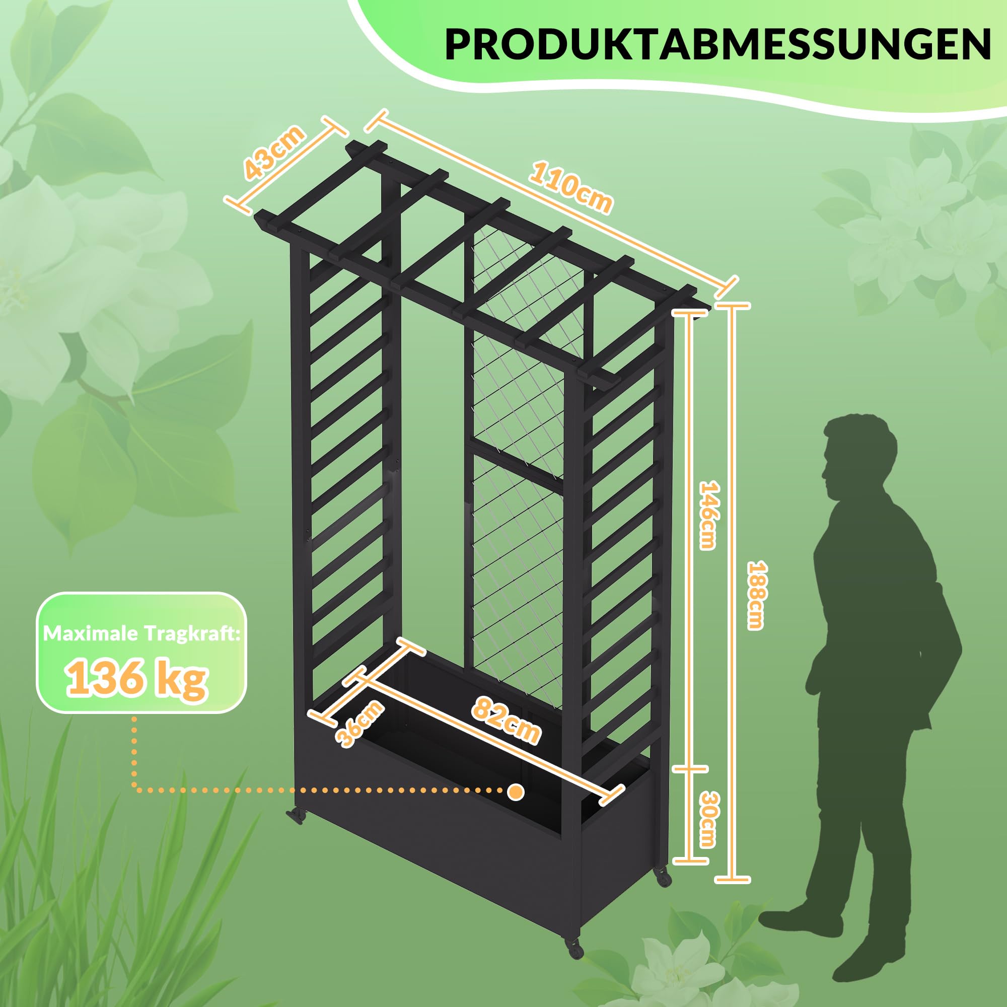 Hochbeet mit Rankgitter und Hängedach, wetterfester Metall-Pflanzkasten mit 4 Rollen und 2 seitlichen Rankgittern für Kletterpflanzen, mobiler Sichtschutz für Terrasse, Balkon und Garten