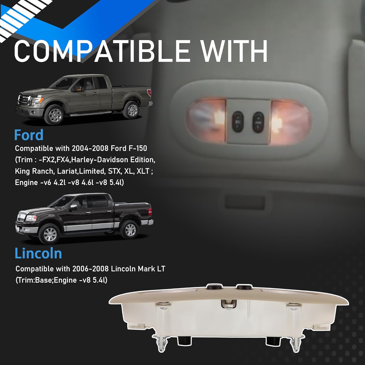 Overhead Console with LED Dome Map Light Sunroof Switch Compatible With 2004-2008 Ford F-150 2006-2008 Lincoln Mark LT Cab Interior Ceiling Roof Reading Lamp Replaces 7L3Z-18519A70-BA Beige