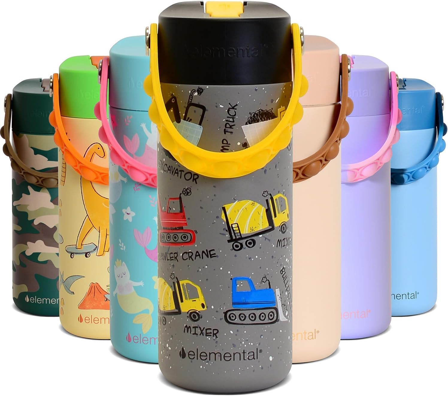 Elemental Insulated Kids Water Bottle Stainless Steel Water Bottle with Straw Lid Pop-It Handle Leak-Proof Water Bottles for