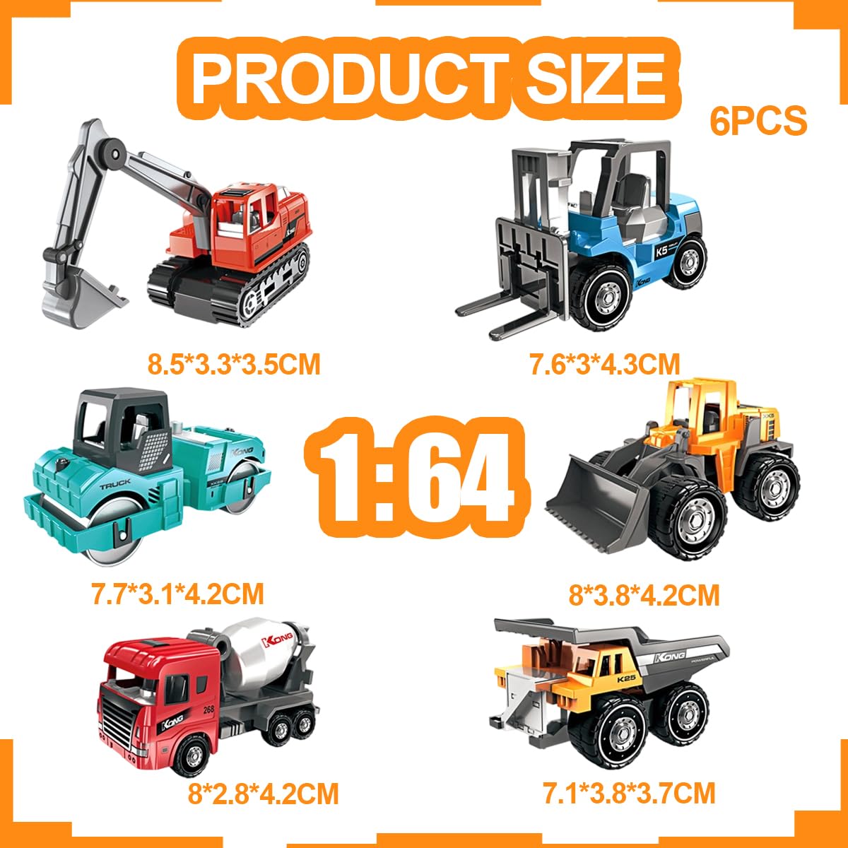Camiones de Construcción Juguetes, 6PCS Camiones Juguetes, Mini Coches Vehículos de Construcción, Set de Vehículos Push and Go con Grúa, Excavadora, Educación Regalos