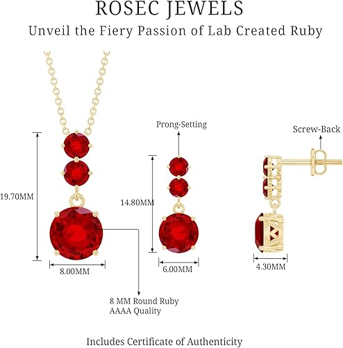 Vista 13 de Juego de joyas de rubí creado de 6 quilates para mujer, conjunto de joyas de rubí creado de tres piedras, conjunto de joyas colgantes de rubí