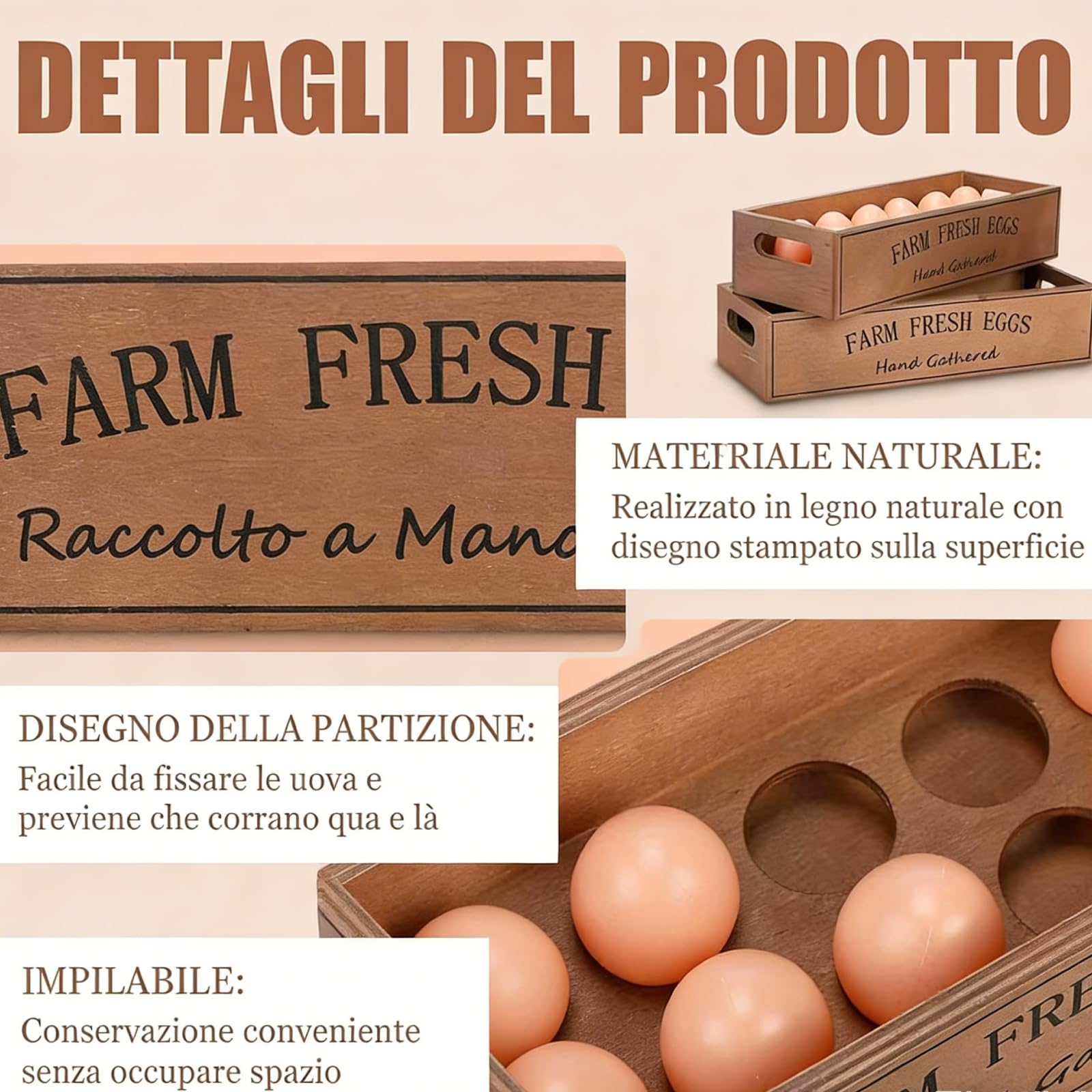 Espositore Portauova in Legno, Portauova Fresche Verticale, Cesto Portaoggetti Rustico da Cucina, per Uova di Pasqua, Pollo, Anatra, Quaglia, Onaugurazione della Casa, 32 x 12,5 x 7,5 CM