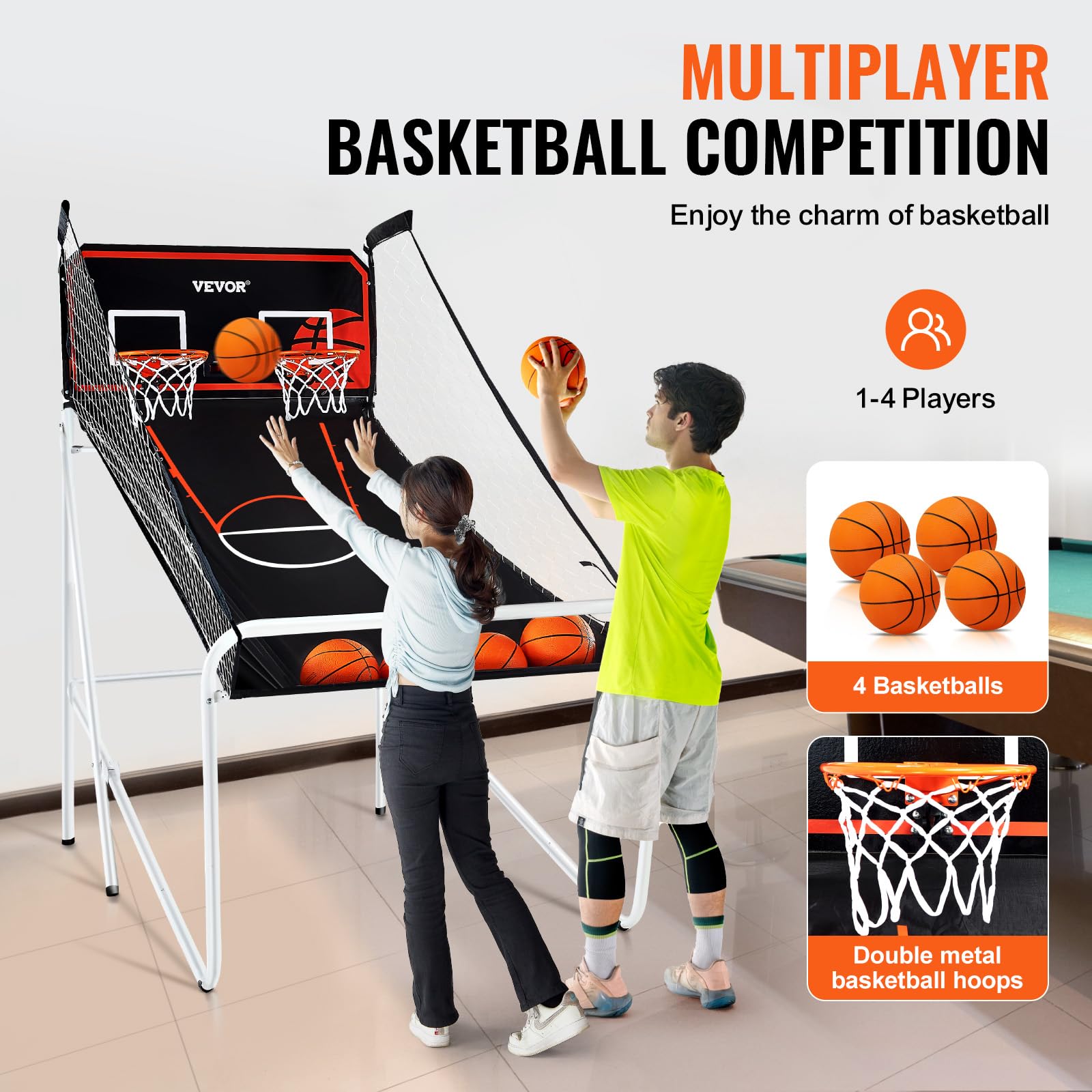 VEVOR Juego de baloncesto plegable de arcade, juego de baloncesto interior para 2 jugadores, deporte dual en casa con 4 bolas, 8 modos de juego, marcador electrónico y bomba de inflado, para adultos 5
