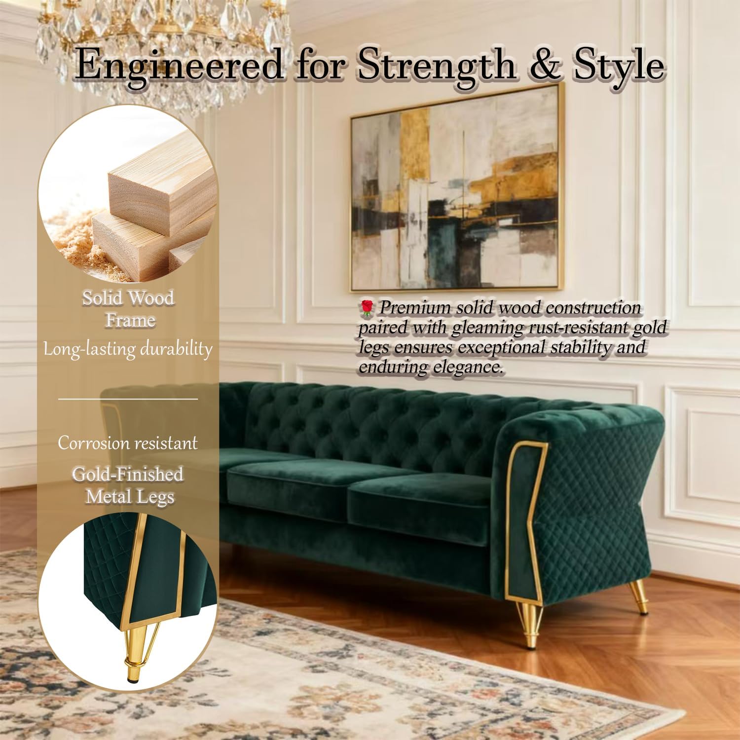 87.4" Modern Chesterfield Velvet Sofa Couch with Flared Arms & Gold Metal Legs, 3-Seater Tufted Upholstered Sofa with Diamond Quilted Sides & High-Density Foam for Living Room,Apartment,Office,Green