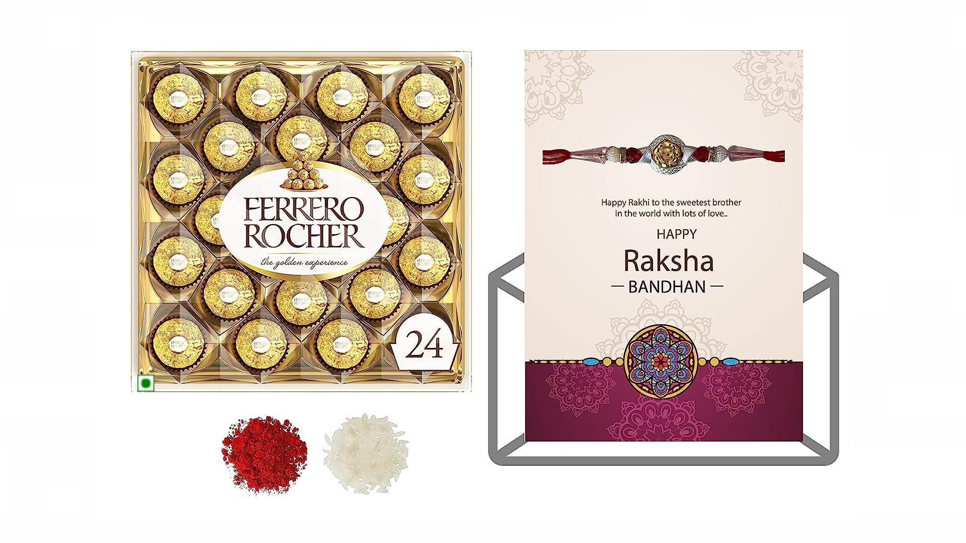 Vending India X Ferrero Rocher Chocolate- Rakshabandhan Gift Combo - Ferrero Rocher with Rakhi in a Personalised Greeting Card with Roli , Chawal , Chandan & Mishri (24 Pcs, Design 3, 200 Grams)-image-33