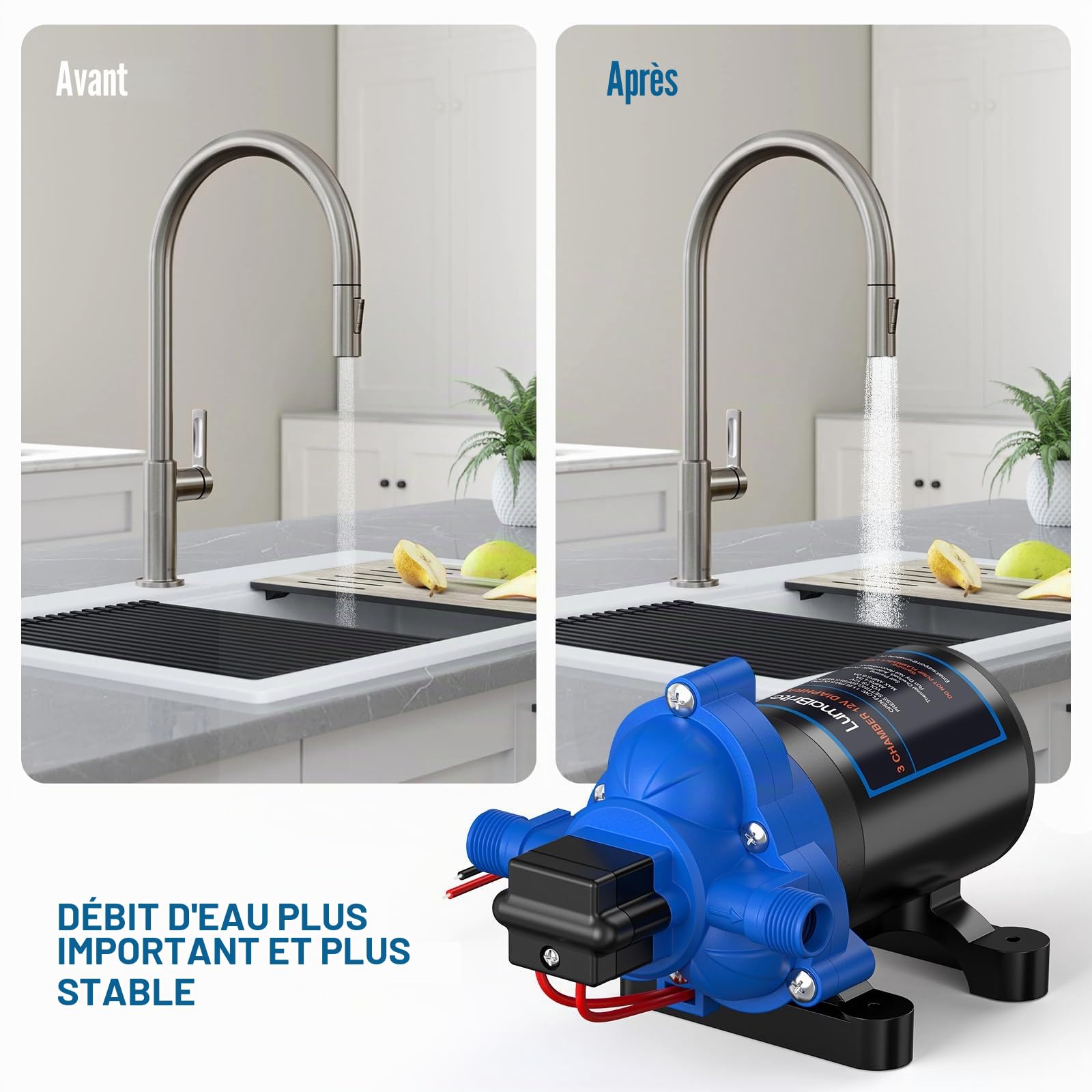 Pompe à eau 12V, Pompe à Membrane 3.0GPM 50PSI Pompe a eau Camping Car à eau auto-amorçante pour Camping-car, Yacht, Jardin
