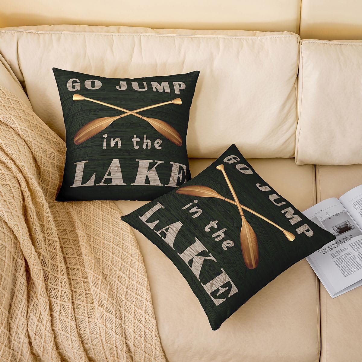 Pack of 2 Lake Rules Decorative Throw Pillow Covers, Soft Welcome to Lake Cabin Square Cushion Case Set for Couch Bedroom Living Room,Lake House Decor Black Pillow Cases Pillowcases,24x24 Inches