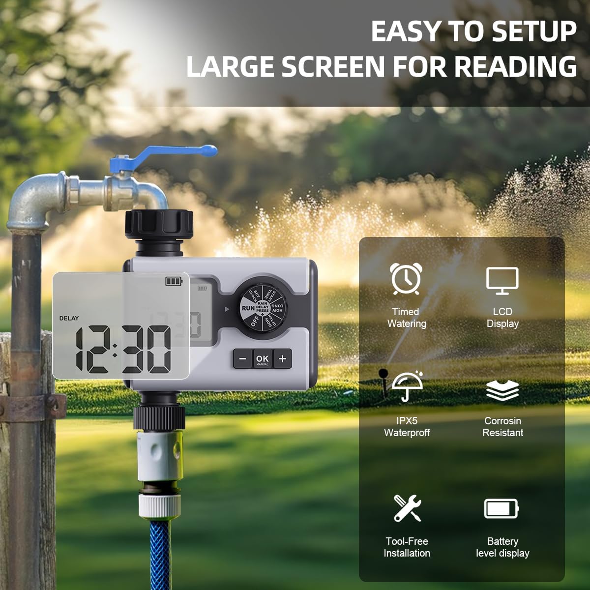 Aqualin Water Timer installed on a faucet, showing large screen and features