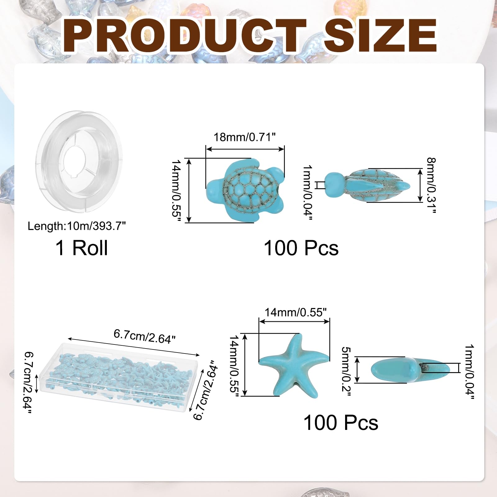 YOKIVE Schildkröten-Seestern-Perlen, 1 mm Loch, 2 Stile, synthetische Türkisperlen, Sommer, Meer, Ozean, Tier-Anhänger mit elastischem Faden und Box, ideal für DIY-Schmuckherstellung, Blau, 200 Stück